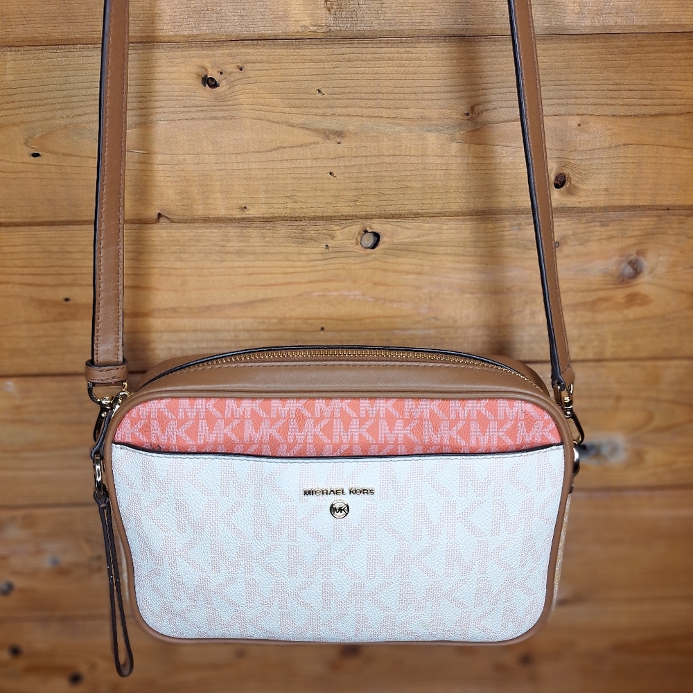 ❤️ Michael kors jet set charm large camera crossbody bag red brown beige gold - Picture 3 of 11